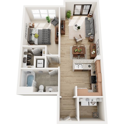 Floor plan for 1 bed, 1 bath, 817 sqft